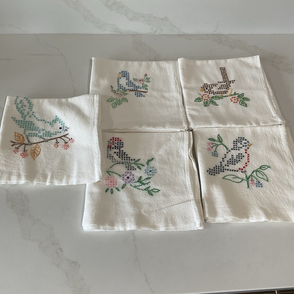 NEW HAND-EMBROIDERED FLOUR-SACK DISH TOWELS - LOT OF 5 Birds